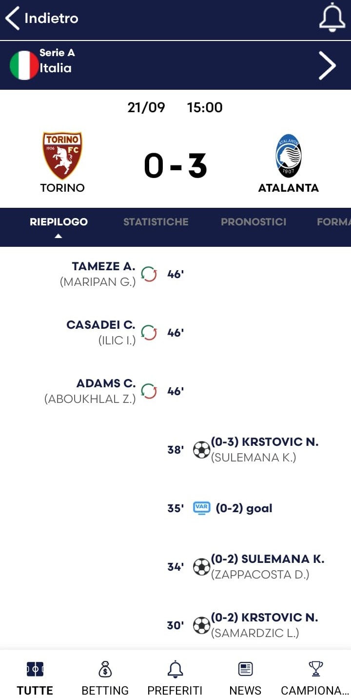 Match center e cronaca